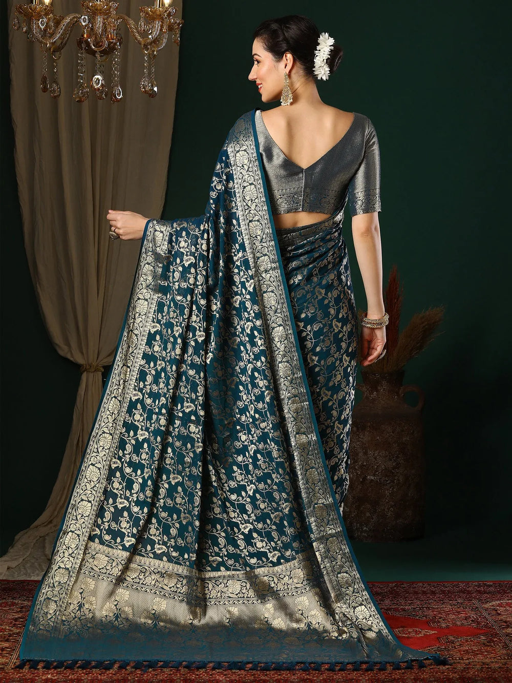 Elegant Teal Blue Banarasi Georgette Silk Saree - The Dori Store