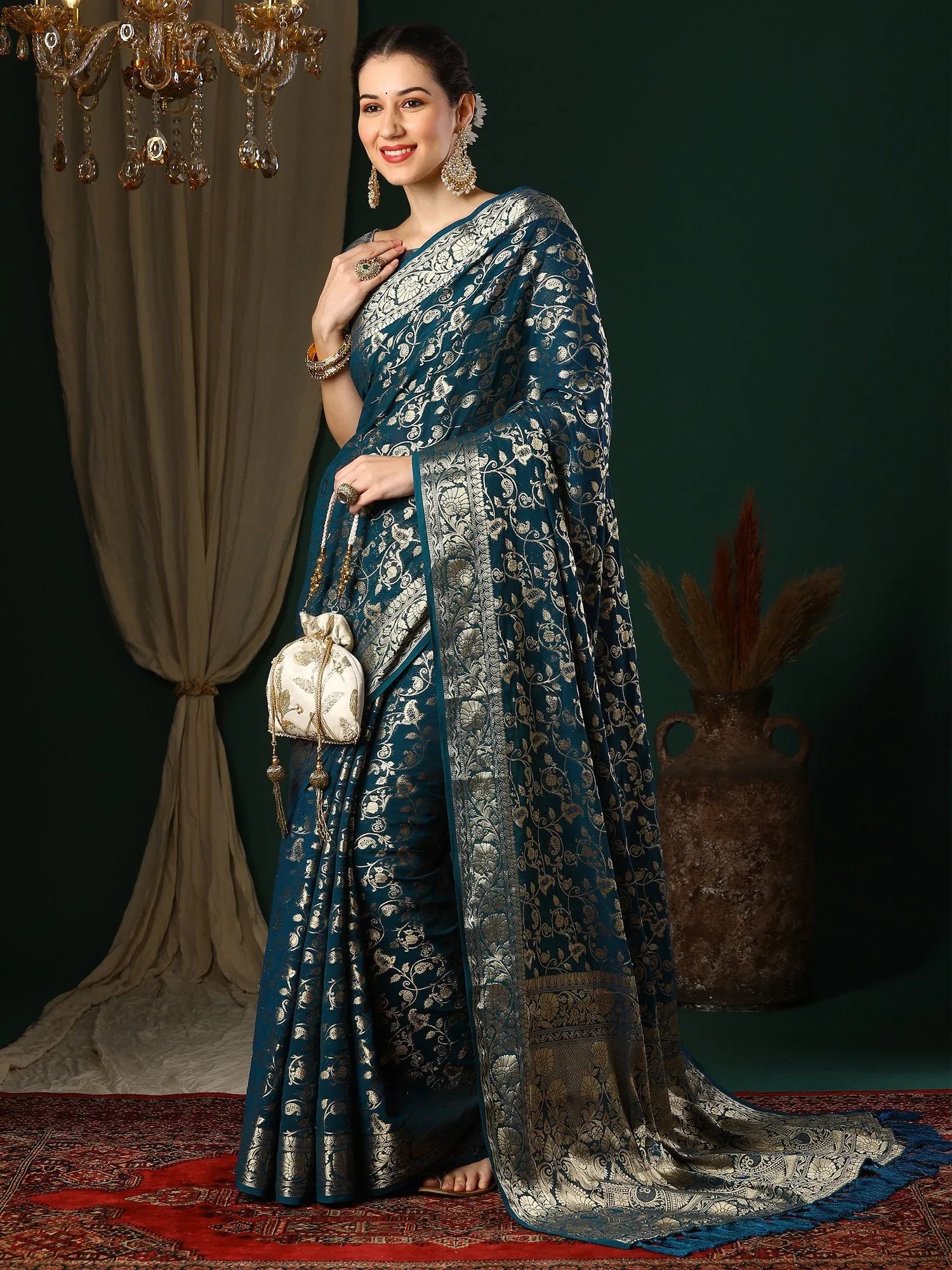 Elegant Teal Blue Banarasi Georgette Silk Saree - The Dori Store