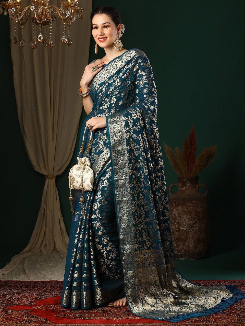 Elegant Teal Blue Banarasi Georgette Silk Saree - The Dori Store
