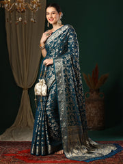 Elegant Teal Blue Banarasi Georgette Silk Saree - The Dori Store