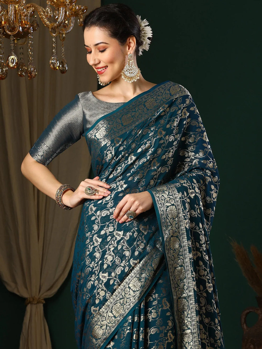 Elegant Teal Blue Banarasi Georgette Silk Saree - The Dori Store