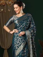 Elegant Teal Blue Banarasi Georgette Silk Saree - The Dori Store