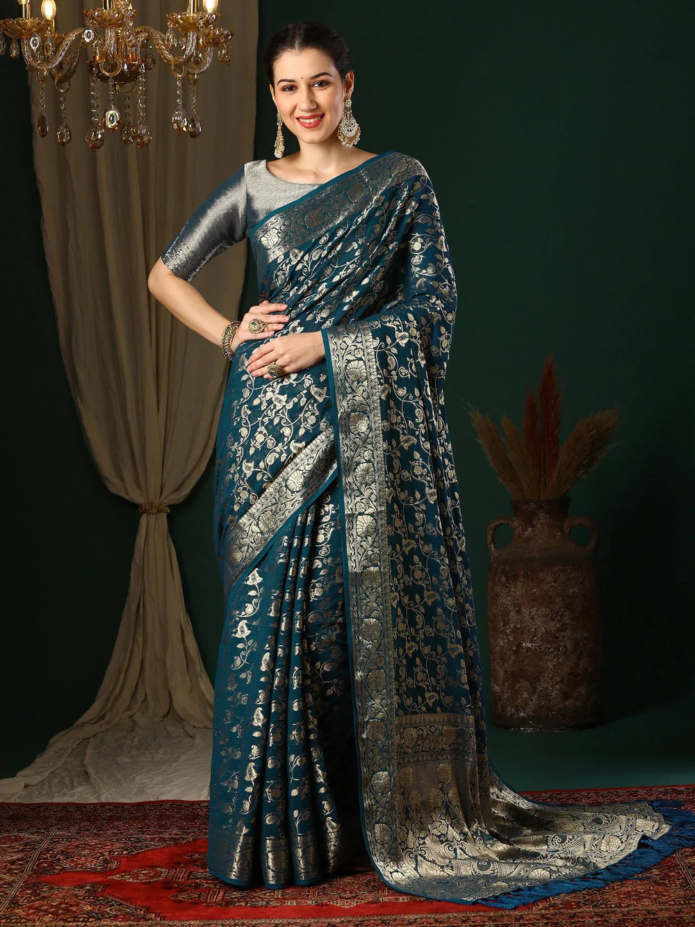 Elegant Teal Blue Banarasi Georgette Silk Saree - The Dori Store