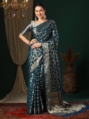 Elegant Teal Blue Banarasi Georgette Silk Saree - The Dori Store