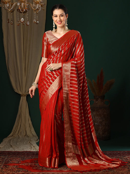 Red Red Kanjeevaram Georgette Woven Saree