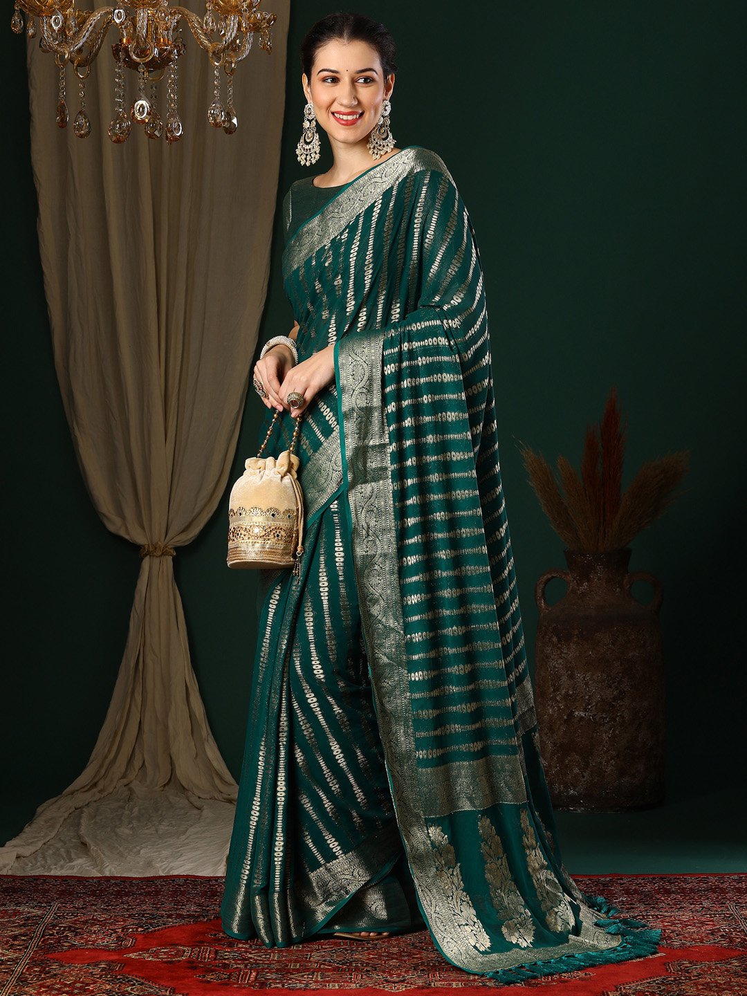 Teal Kanjeevaram Georgette Woven Saree