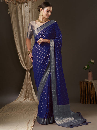 Blue Navy Kanjeevaram Georgette Woven Saree