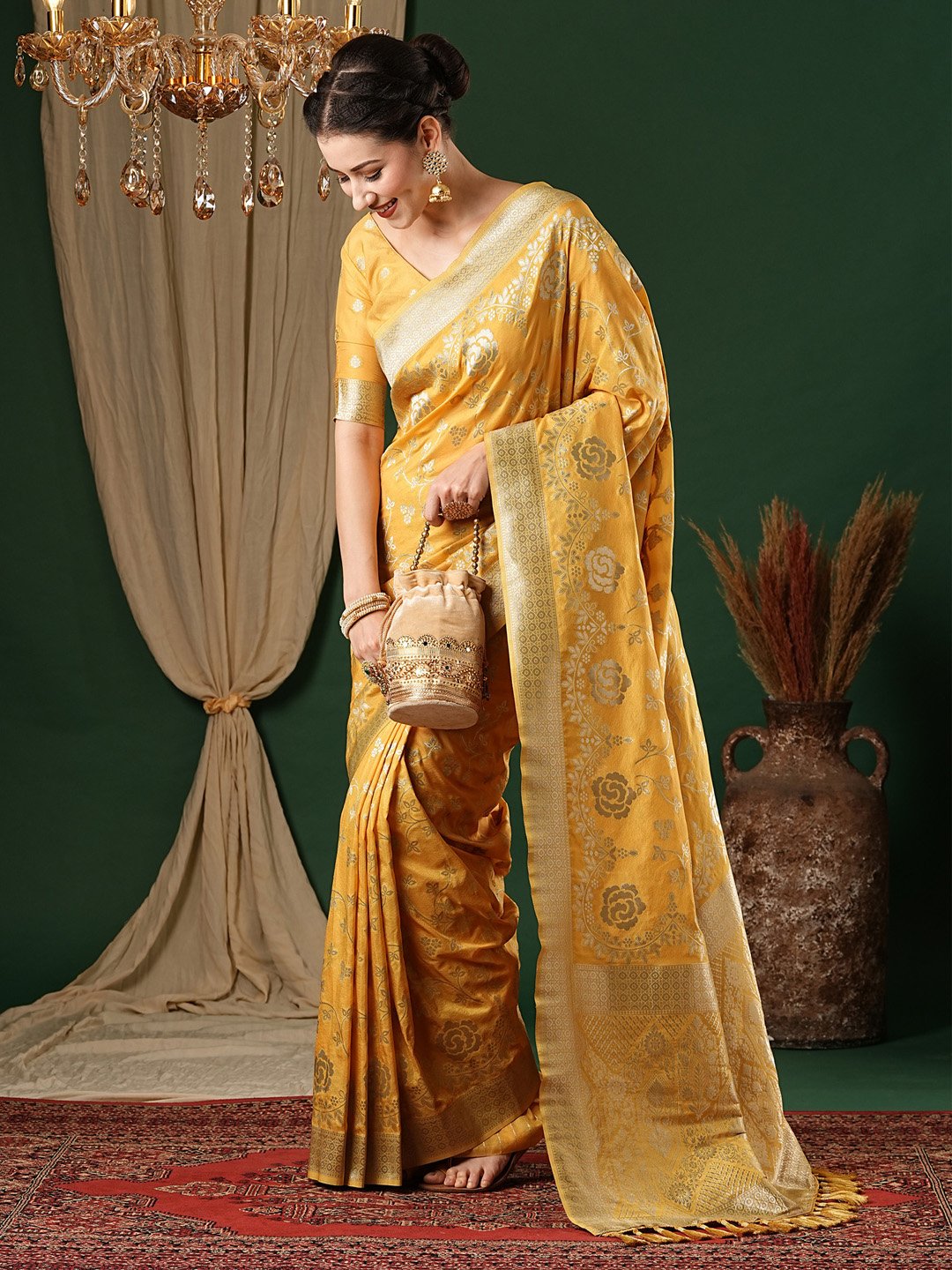 Yellow Kanjeevaram Georgette Woven Saree