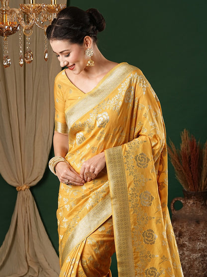 Yellow Kanjeevaram Georgette Woven Saree