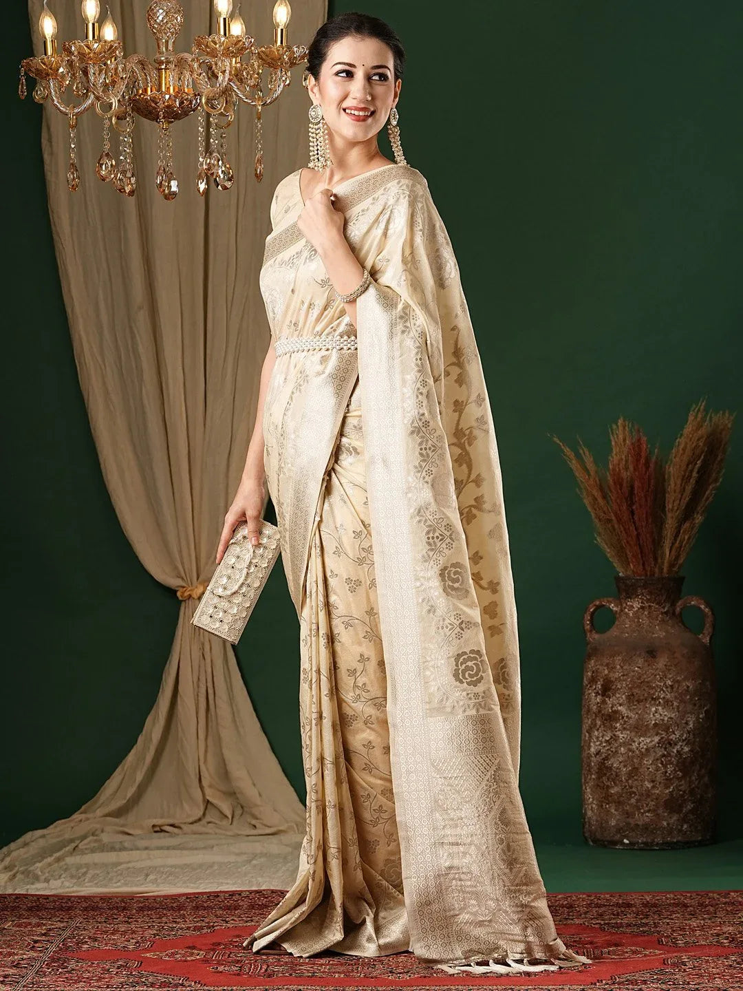 Cream Kanjeevaram Georgette Woven Saree