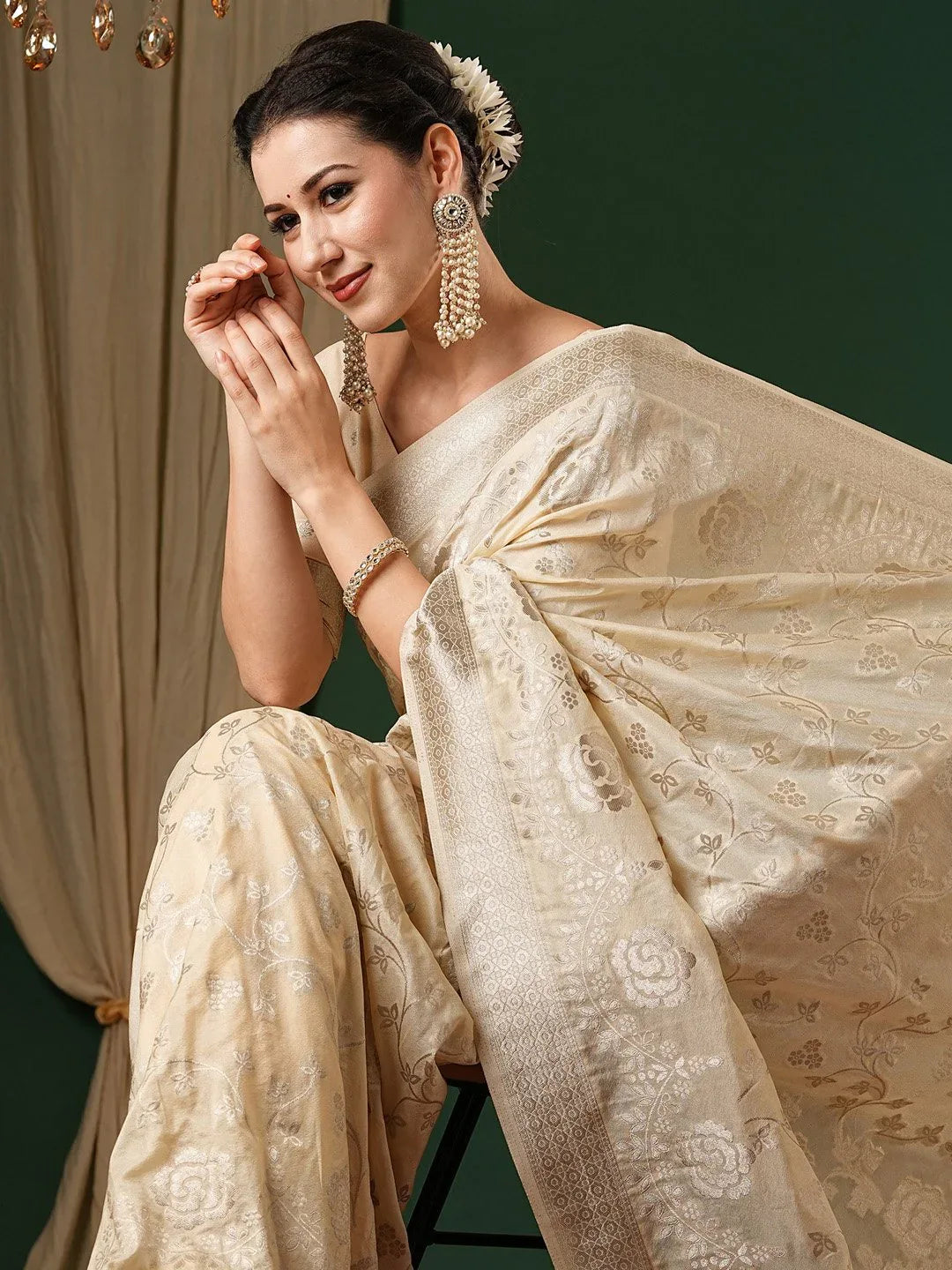 Cream Kanjeevaram Georgette Woven Saree