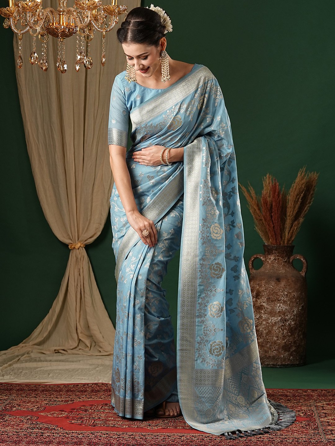 Blue Light Kanjeevaram Georgette Woven Saree