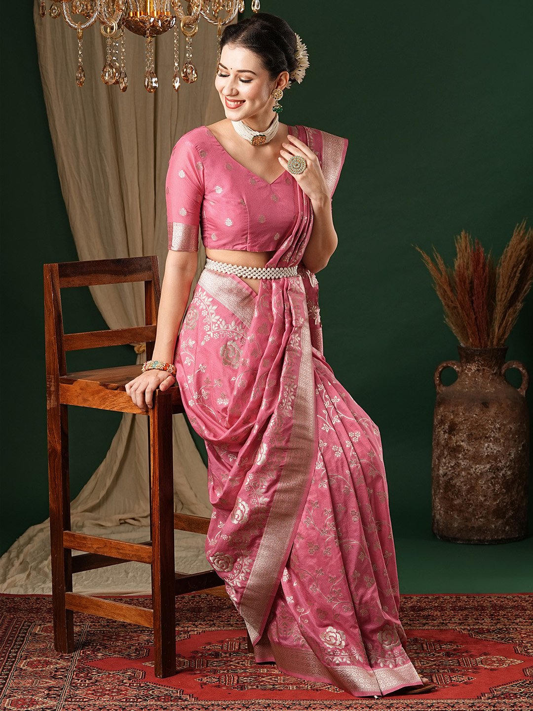 Pink Kanjeevaram Georgette Woven Saree