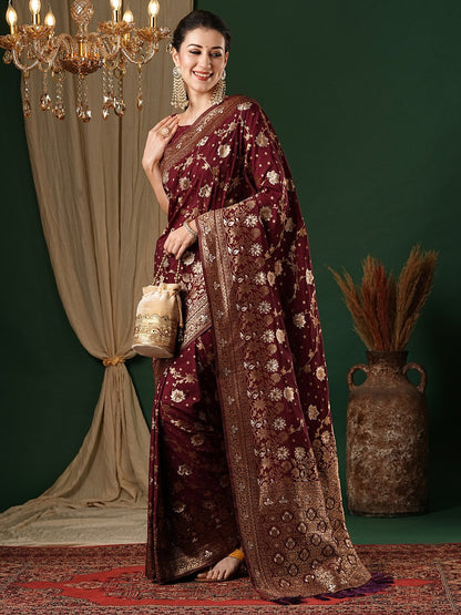 Maroon Kanjeevaram Georgette Woven Saree