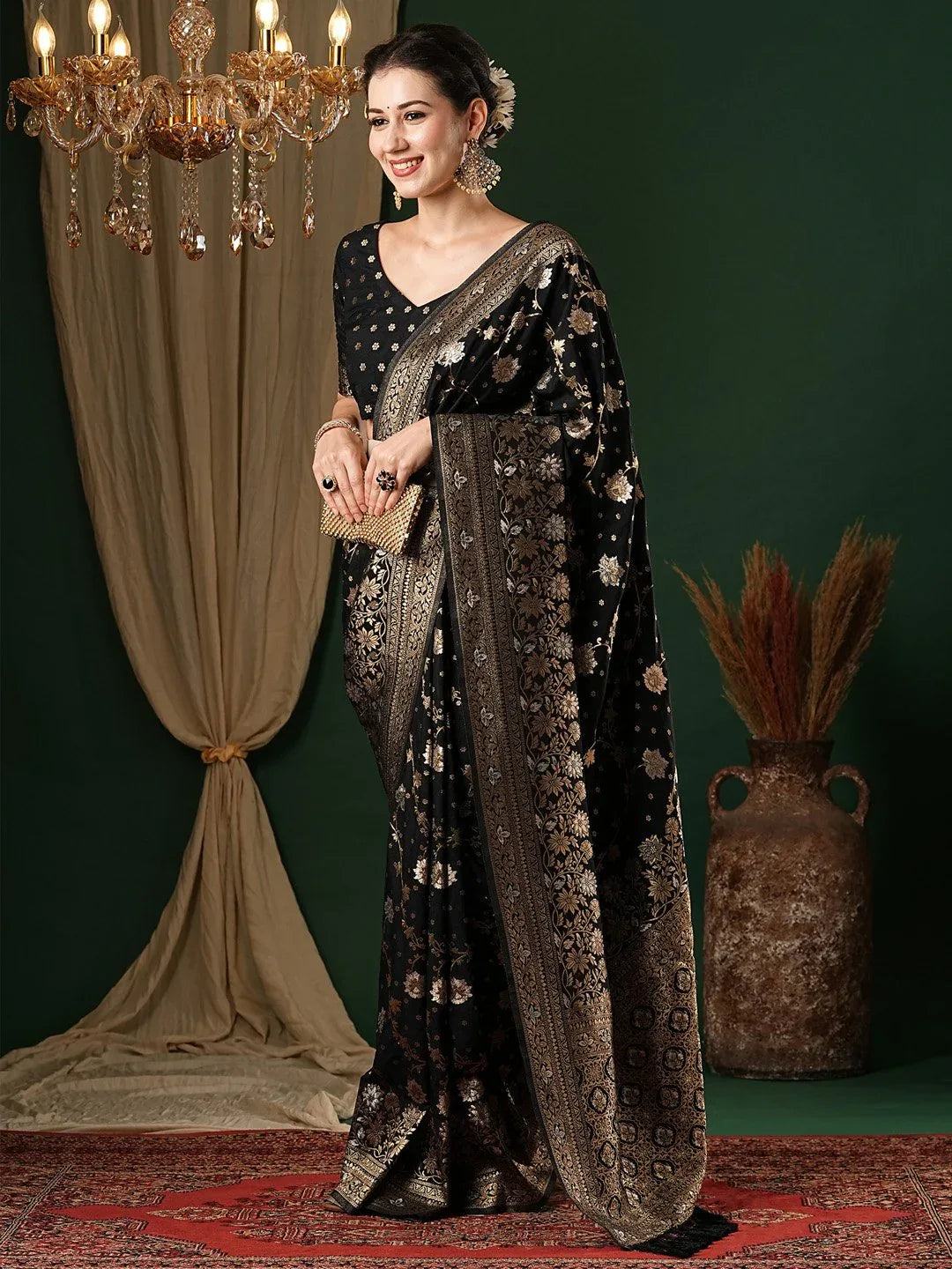 Black Kanjeevaram Georgette Woven Saree