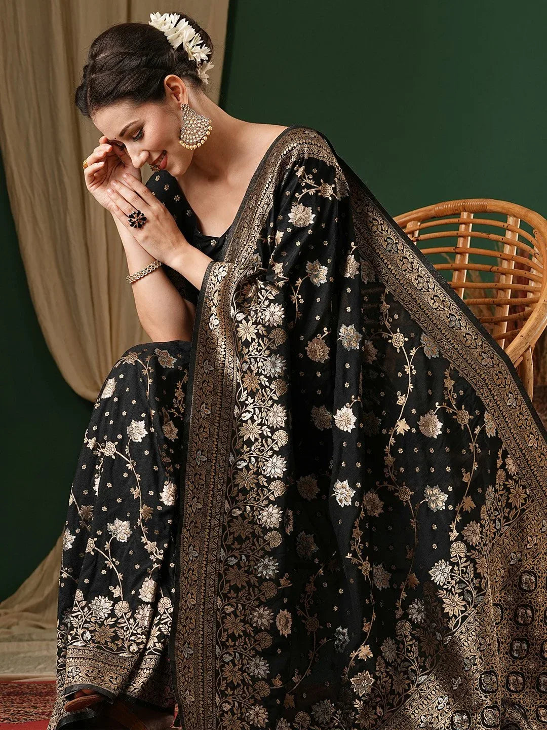 Black Kanjeevaram Georgette Woven Saree