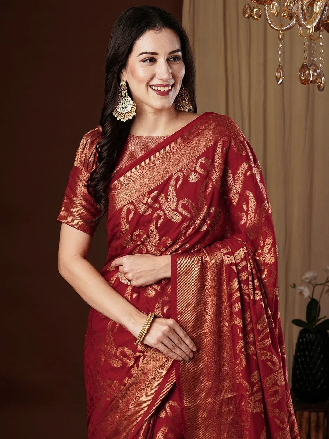 Red Kanjeevaram Viscose Silk Woven Saree