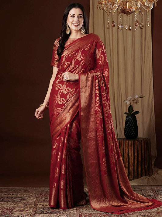 Red Red Kanjeevaram Viscose Silk Woven Saree