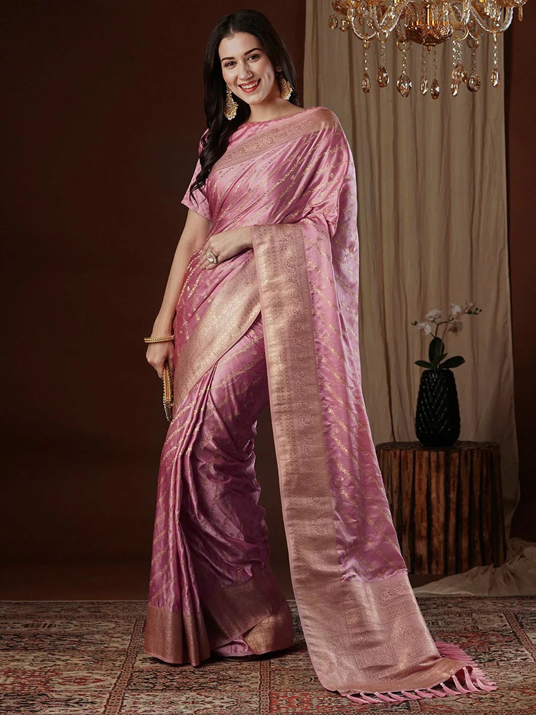 Graceful Pink Satin Silk Saree - The Dori Store