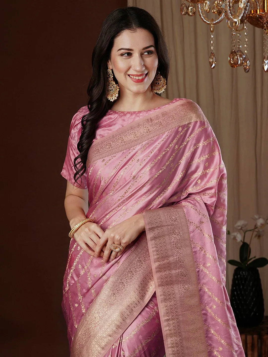 Graceful Pink Satin Silk Saree - The Dori Store