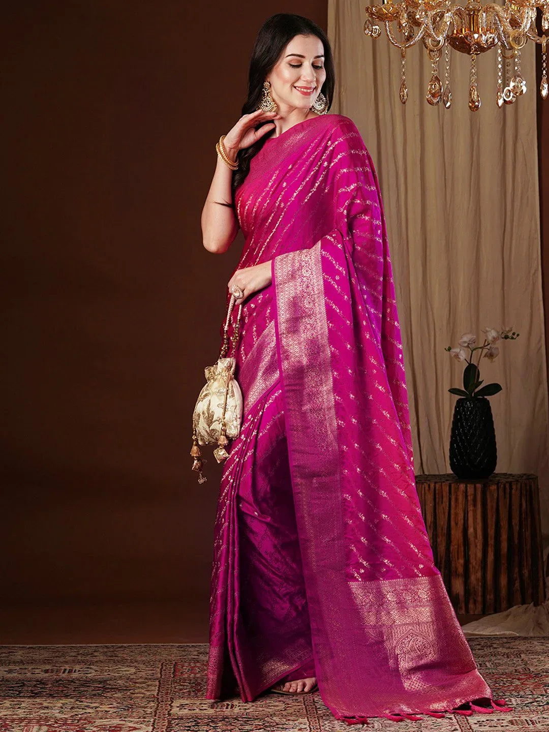 Pink Kanjeevaram Satin Silk Woven Saree
