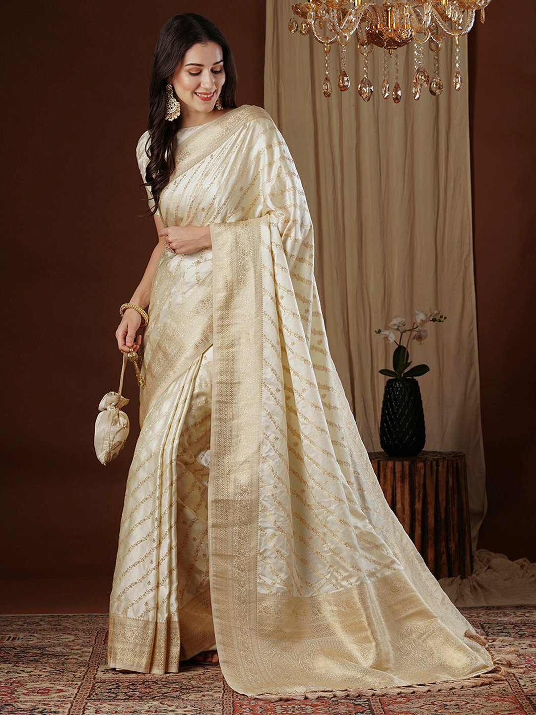 Off White Kanjeevaram Satin Silk Woven Saree