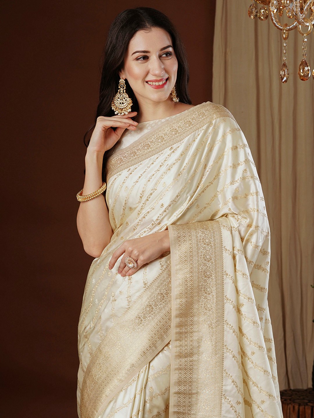 Off White Kanjeevaram Satin Silk Woven Saree