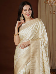 Off White Kanjeevaram Satin Silk Woven Saree