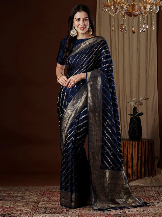 Blue Navy Kanjeevaram Satin Silk Woven Saree