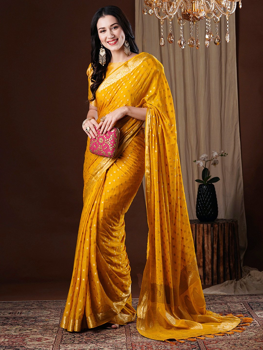 Yellow Kanjeevaram Georgette Woven Saree
