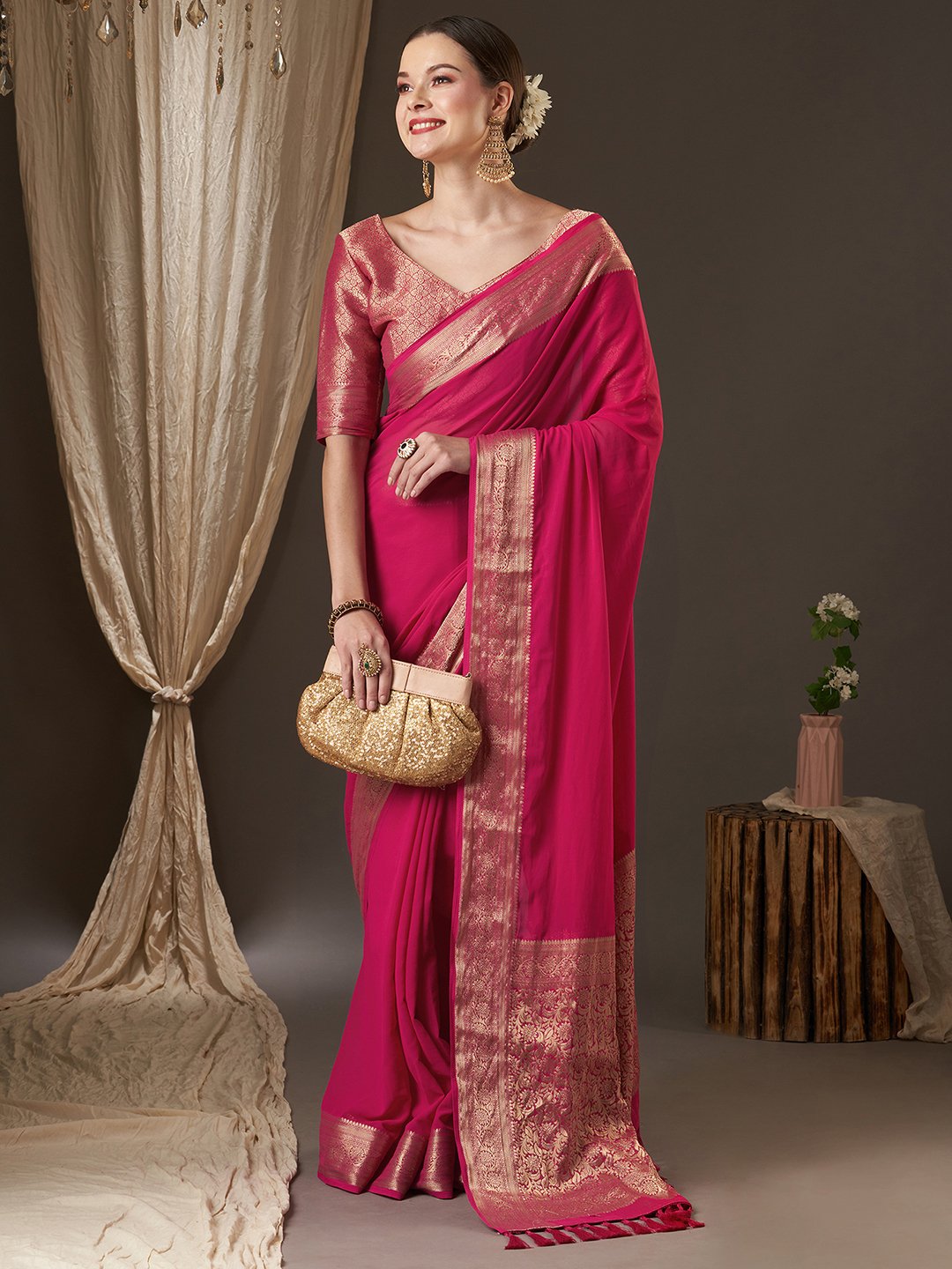 Pink Kanjeevaram Georgette Woven Saree
