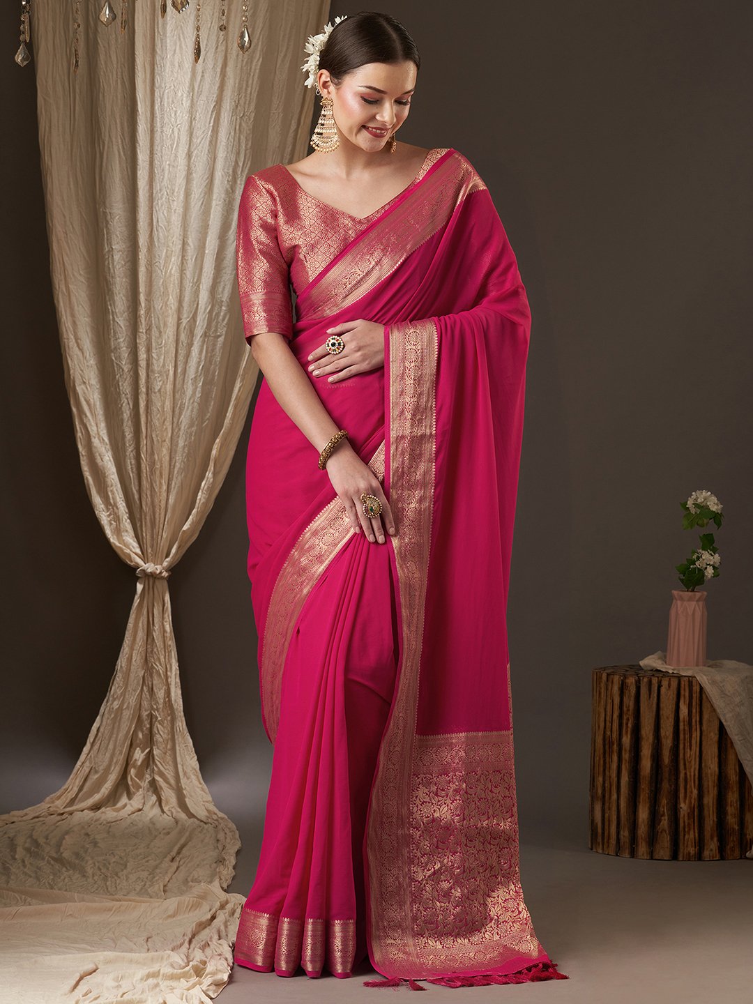 Pink Pink Kanjeevaram Georgette Woven Saree