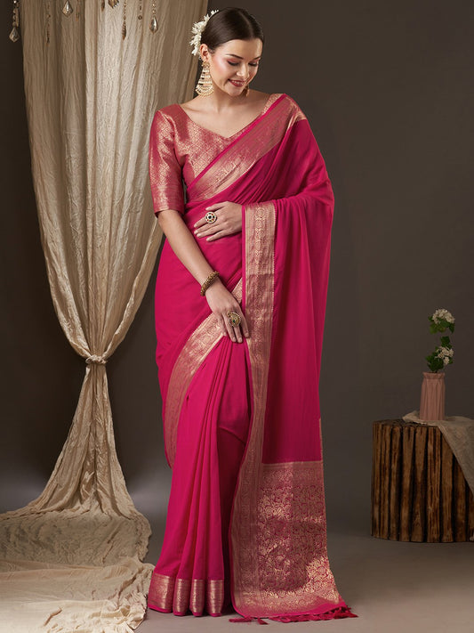 Pink Pink Kanjeevaram Georgette Woven Saree