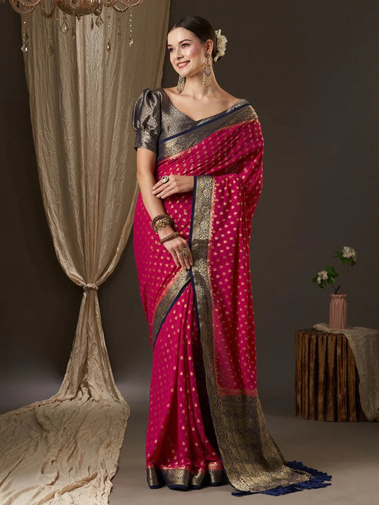 Pink Pink Kanjeevaram Georgette Woven Saree