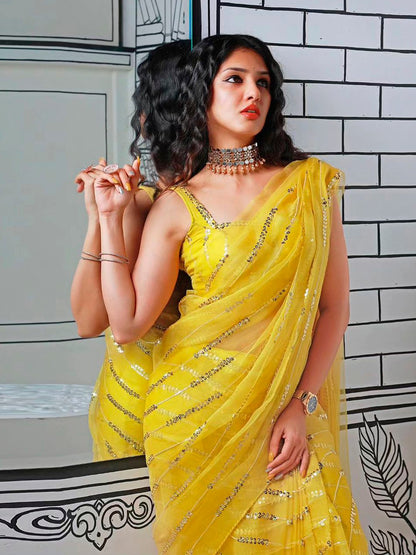 Yellow Party Wear Georgette Embellished Saree