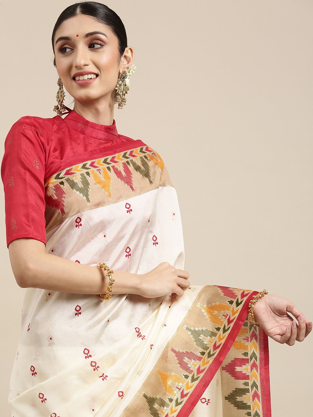 White Banarasi Silk Blend Printed Saree