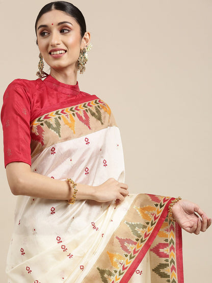 White Banarasi Silk Blend Printed Saree