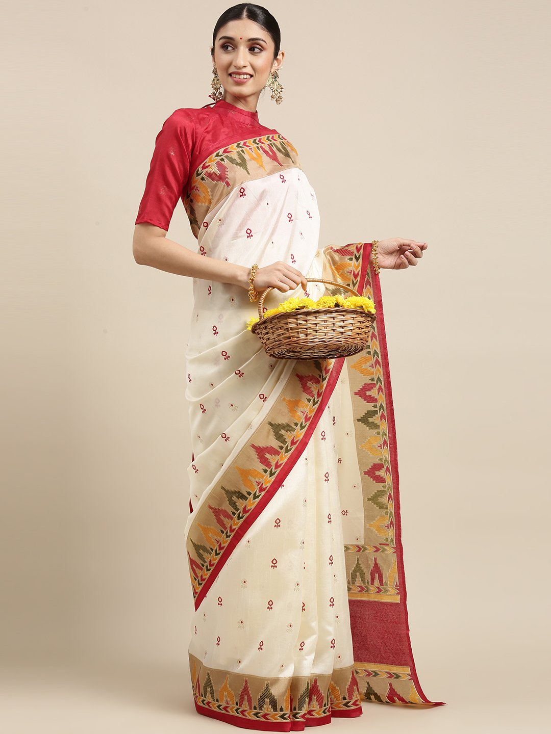 White White Banarasi Silk Blend Printed Saree