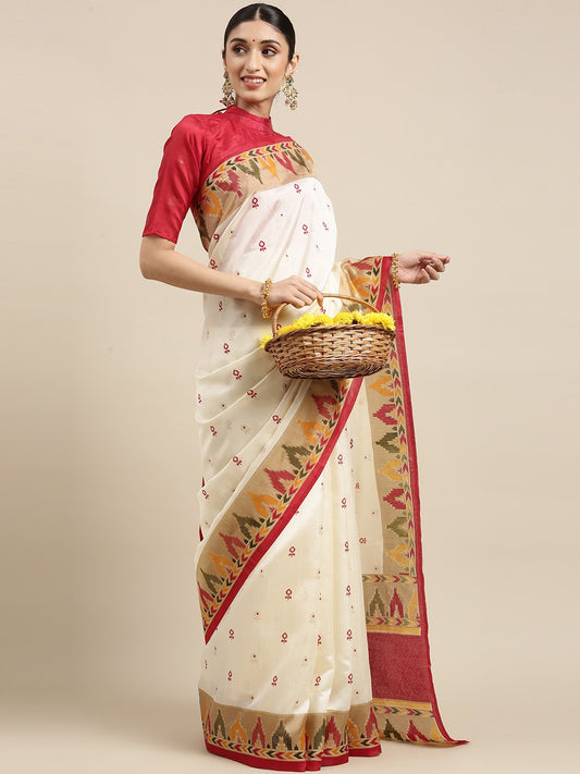 White White Banarasi Silk Blend Printed Saree