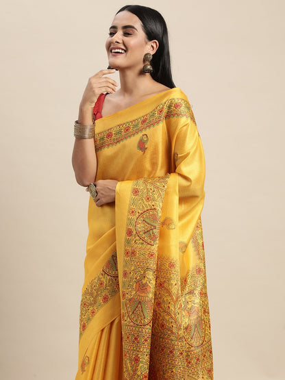 Mustard Tussar Khadi Silk Printed Saree