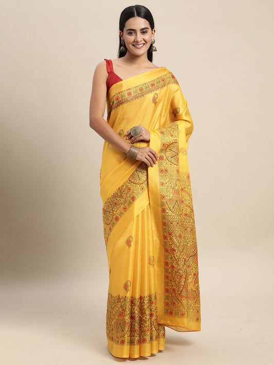 Yellow Mustard Tussar Khadi Silk Printed Saree