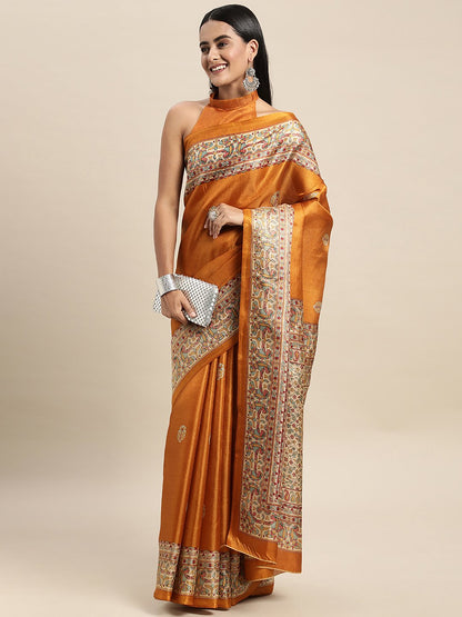Mustard Tussar Khadi Silk Printed Saree