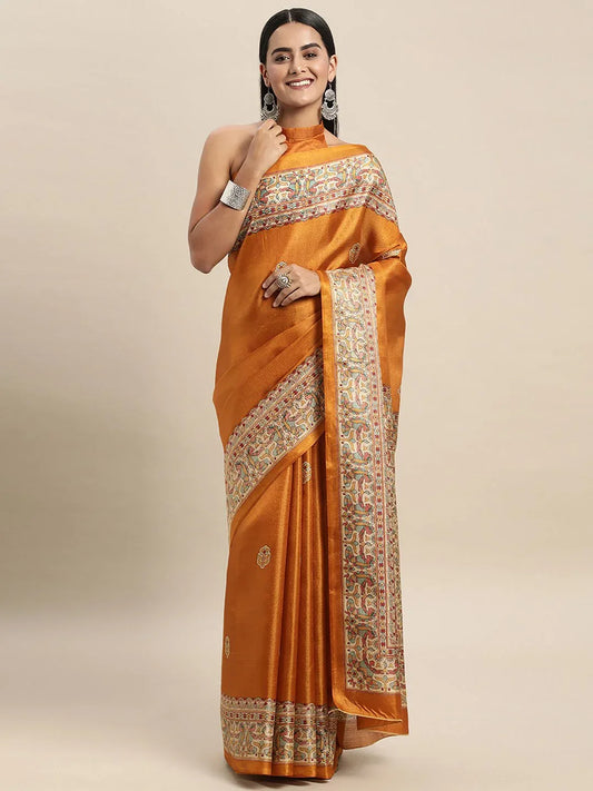 Yellow Mustard Tussar Khadi Silk Printed Saree