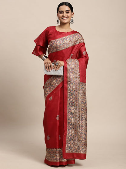 Red Tussar Khadi Silk Printed Saree