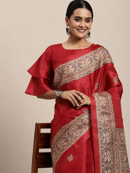 Red Tussar Khadi Silk Printed Saree