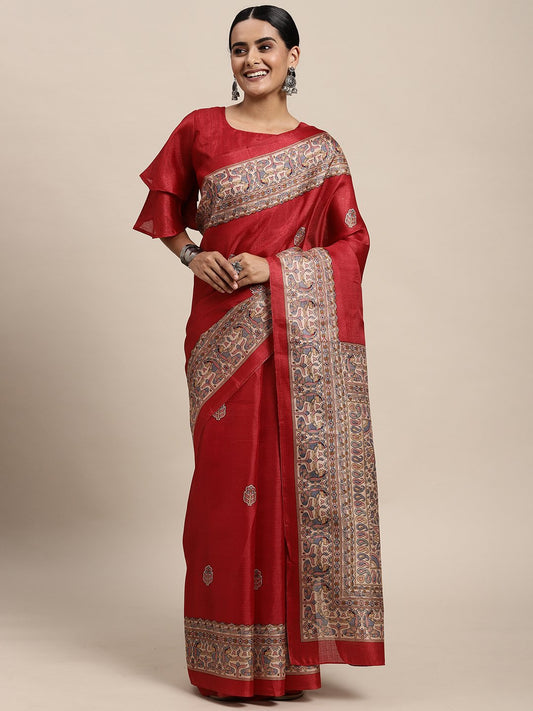 Red Red Tussar Khadi Silk Printed Saree