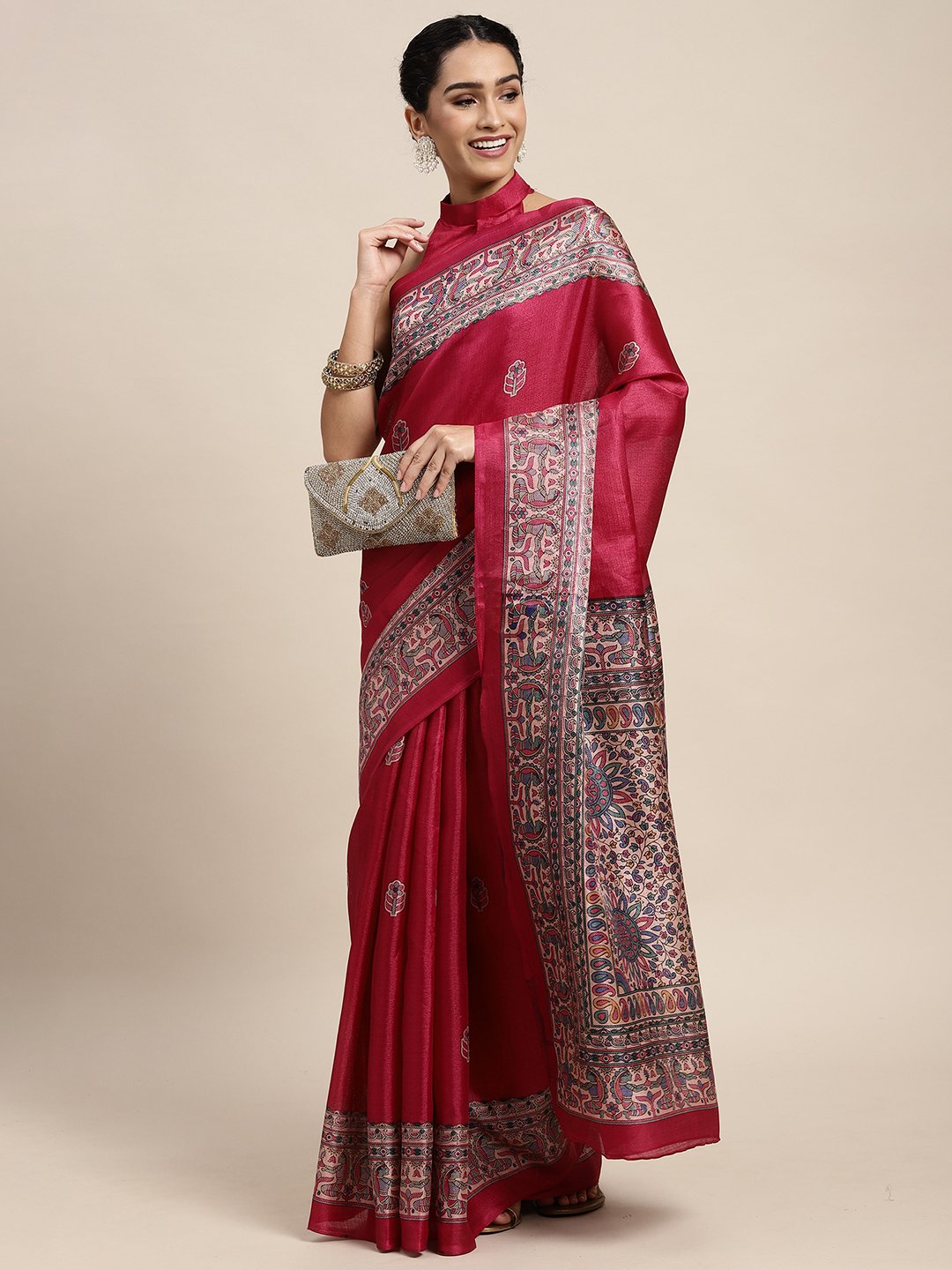 Pink Tussar Khadi Silk Printed Saree
