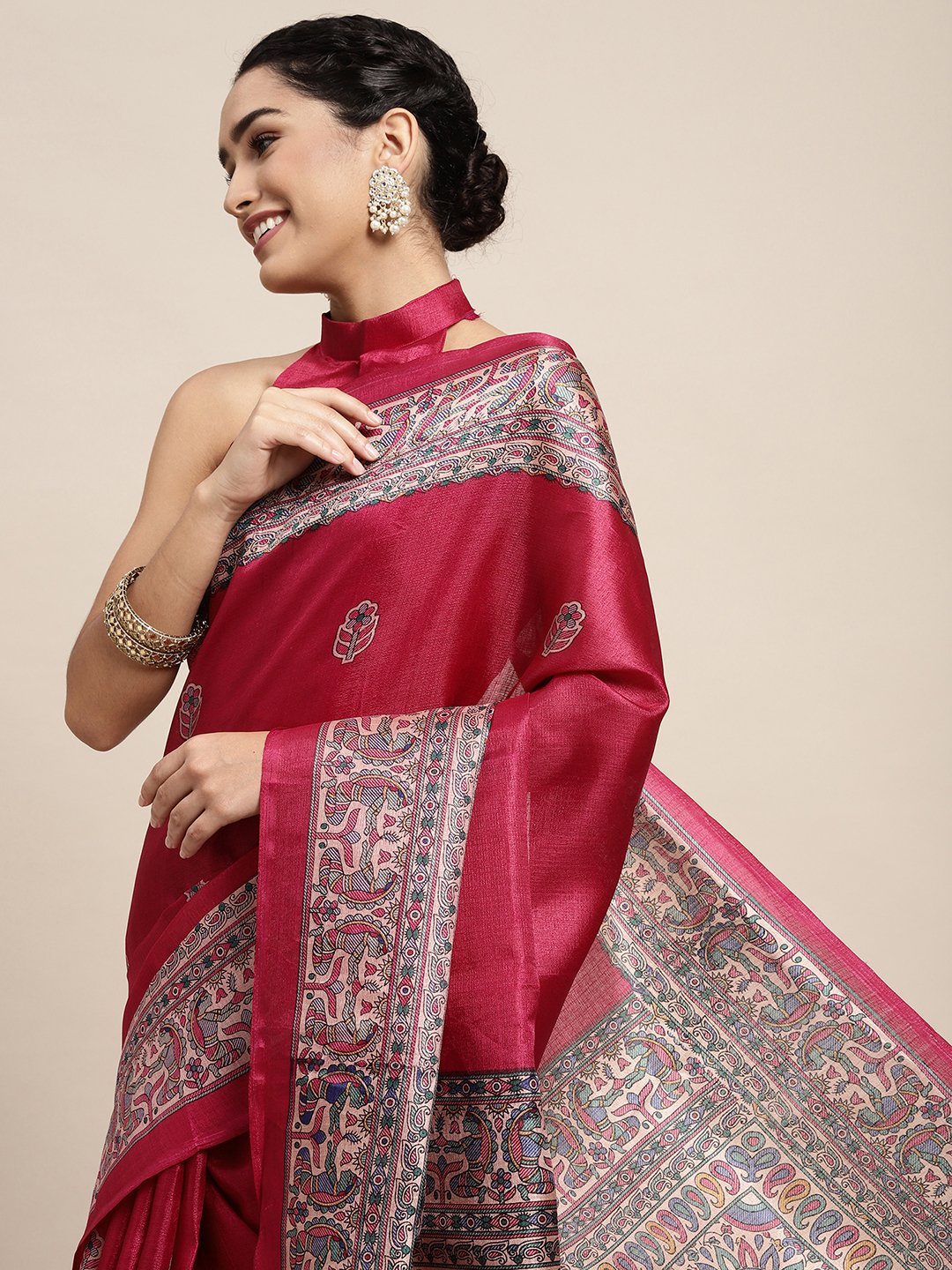 Pink Tussar Khadi Silk Printed Saree