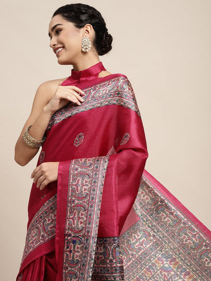 Pink Tussar Khadi Silk Printed Saree