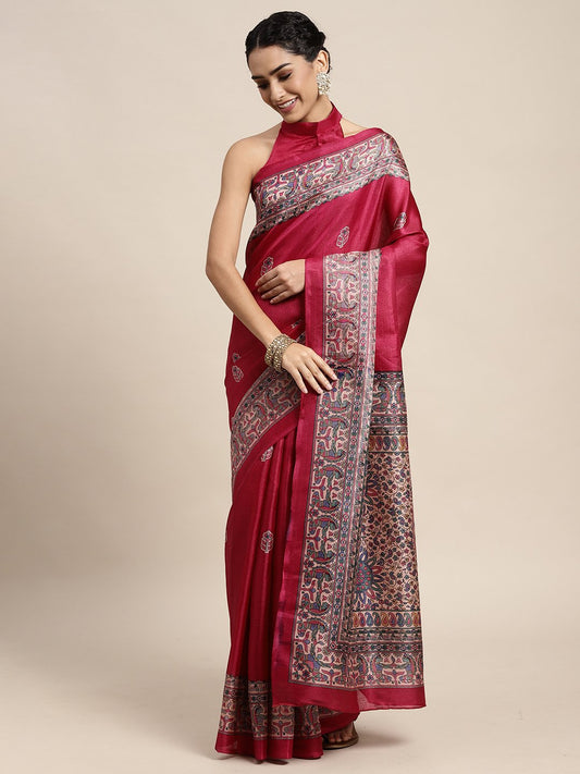 Pink Pink Tussar Khadi Silk Printed Saree